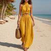 Comfortable Summer Pants Women's 2 Piece Outfits, High Neck Halter Sleeveless Top And Slimming Loose Trousers Wide Leg Matching Set, Beach Vacation