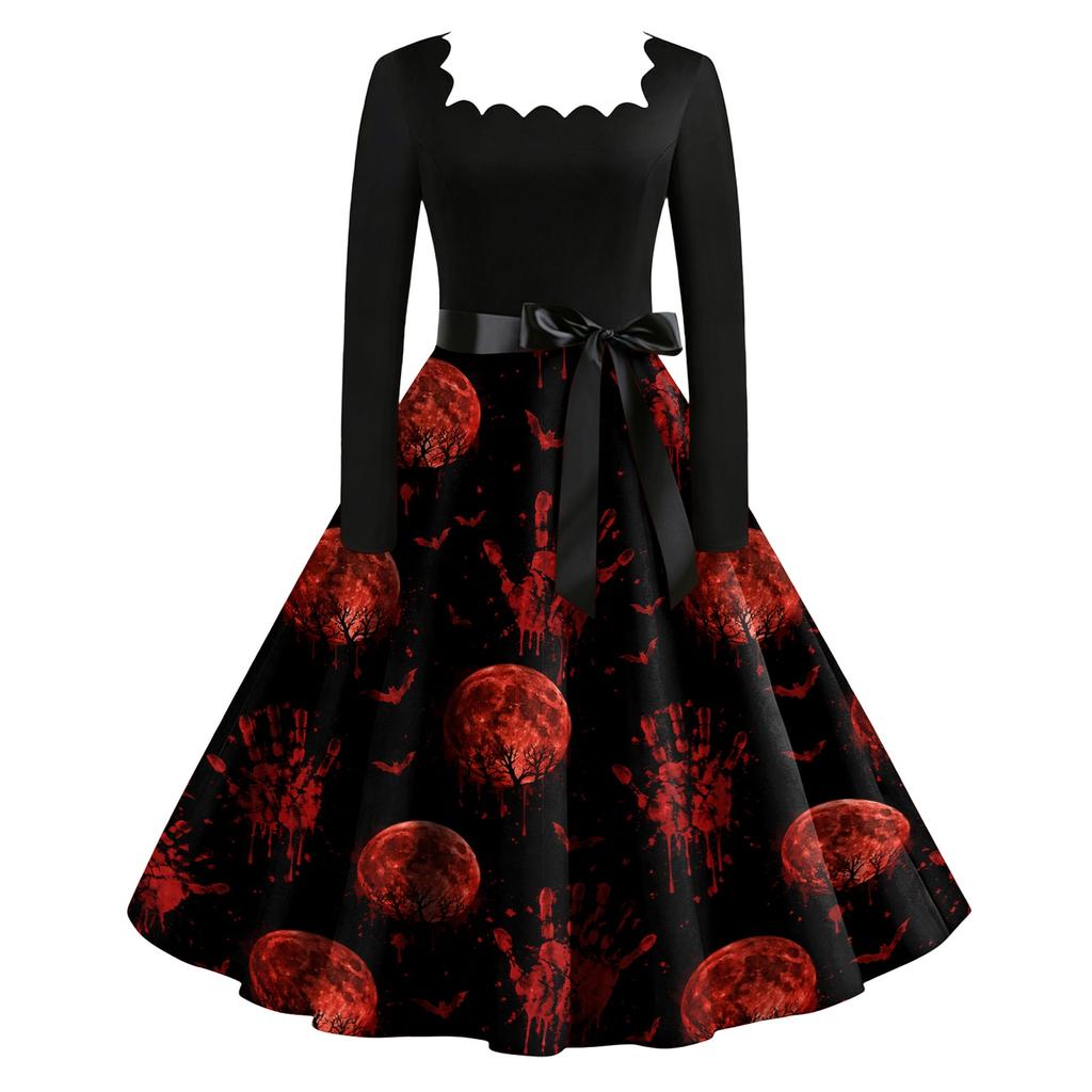 Vintage Long Sleeve Square Neck Halloween Party Dress with Printed Skirt and Waist Tie Retro Style Midi Dress for Women