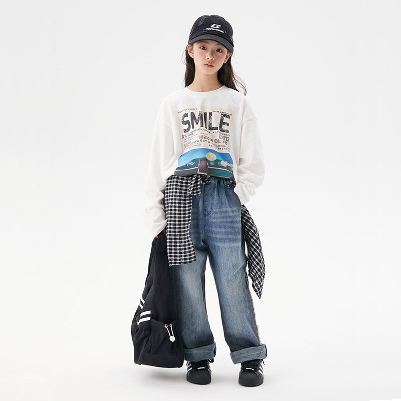 Autumn 2025 Girls' Gradient Wide-Leg Denim Jeans