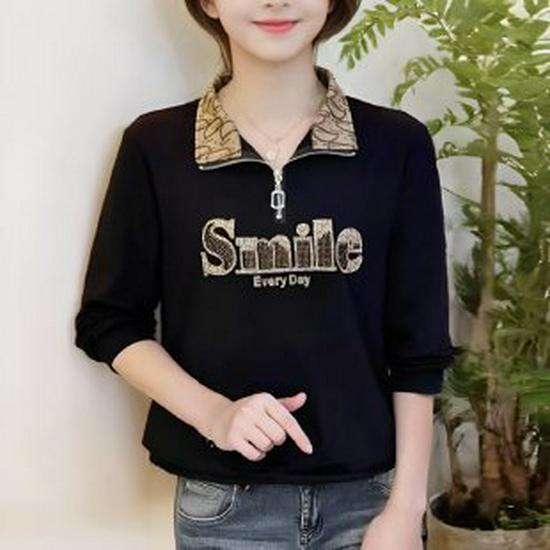 

2024 Autumn Women s Letter Zipper Lapel Sweatshirt - Mom-Style Long Sleeve with Sparkling Details 4XL (135-150) чорний