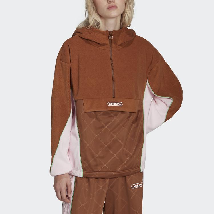 Adidas Originals Trefoil Hoodie American Vintage Color Block Half Zip Sports Sweatshirt Women Hoodies Brown HL0050