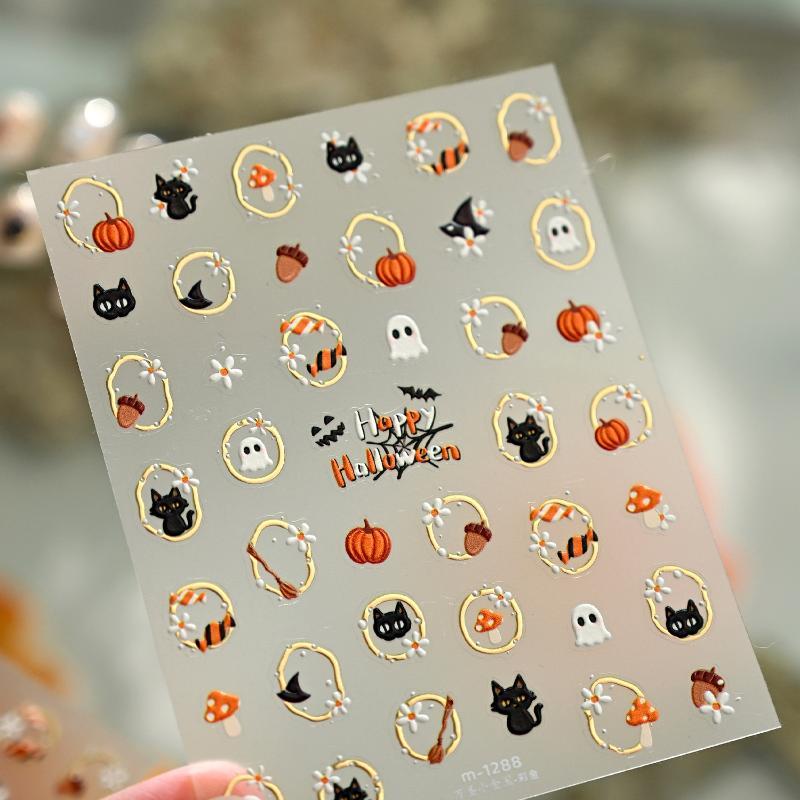 5D Embossed Halloween Nail Stickers Self Adhesive Nail Decals With Ghost Pumpkin Cat Mushroom Patterns Gold Trim Manicure Slider