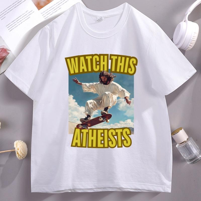 

Watch This Atheists Vintage Graphic T-Shirt Unisex Women Retro Jesus Skateboarding Meme T Shirt Funny Christian Tshirt 90s Tops 4XL
