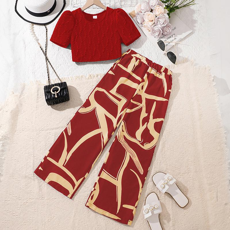 

2025 Summer Girls Fashion Jacquard Top & Print Wide-Leg Pants Set 160cm