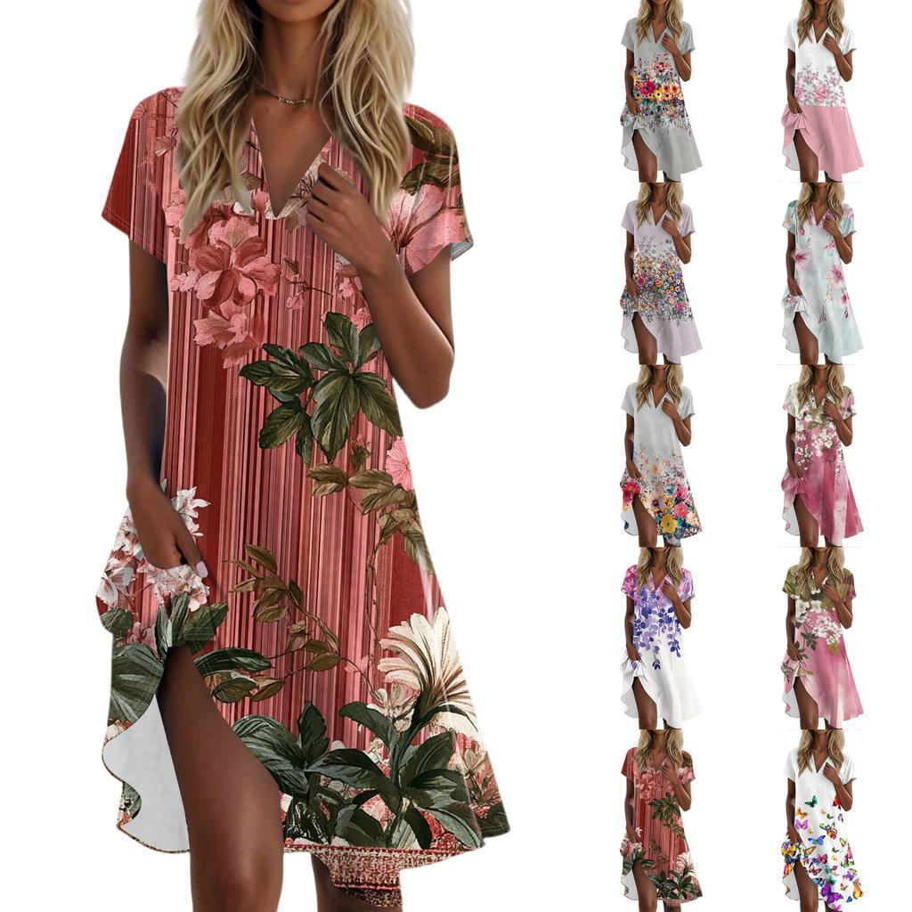 Women Summer T Shirt Dress Casual Short Sleeve V Neck Loose With Pockets