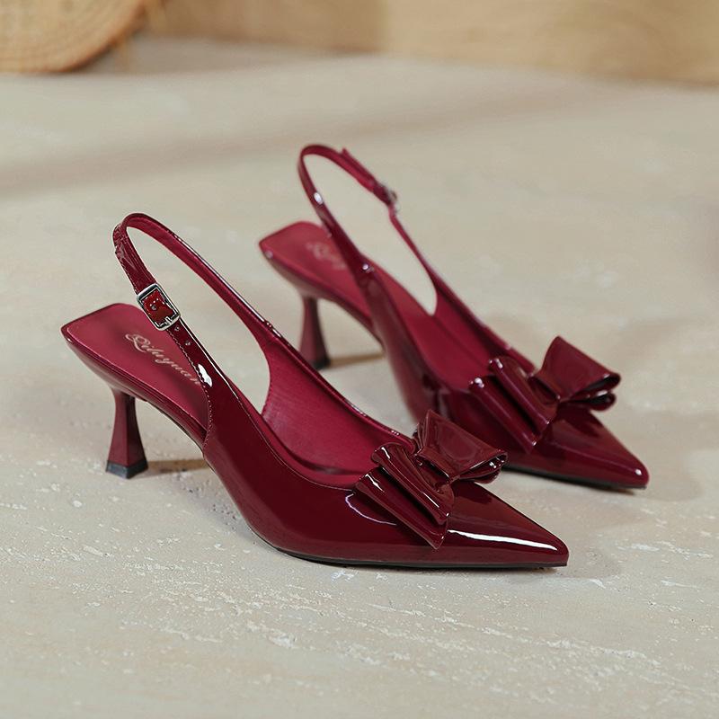High-heeled bag head sandals women's new red bow with back empty pointed high heels stiletto