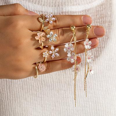5-piece Fashionable and Minimalist Floral Tassel Earrings with Open Flower Rings for Women's Jewelry Set