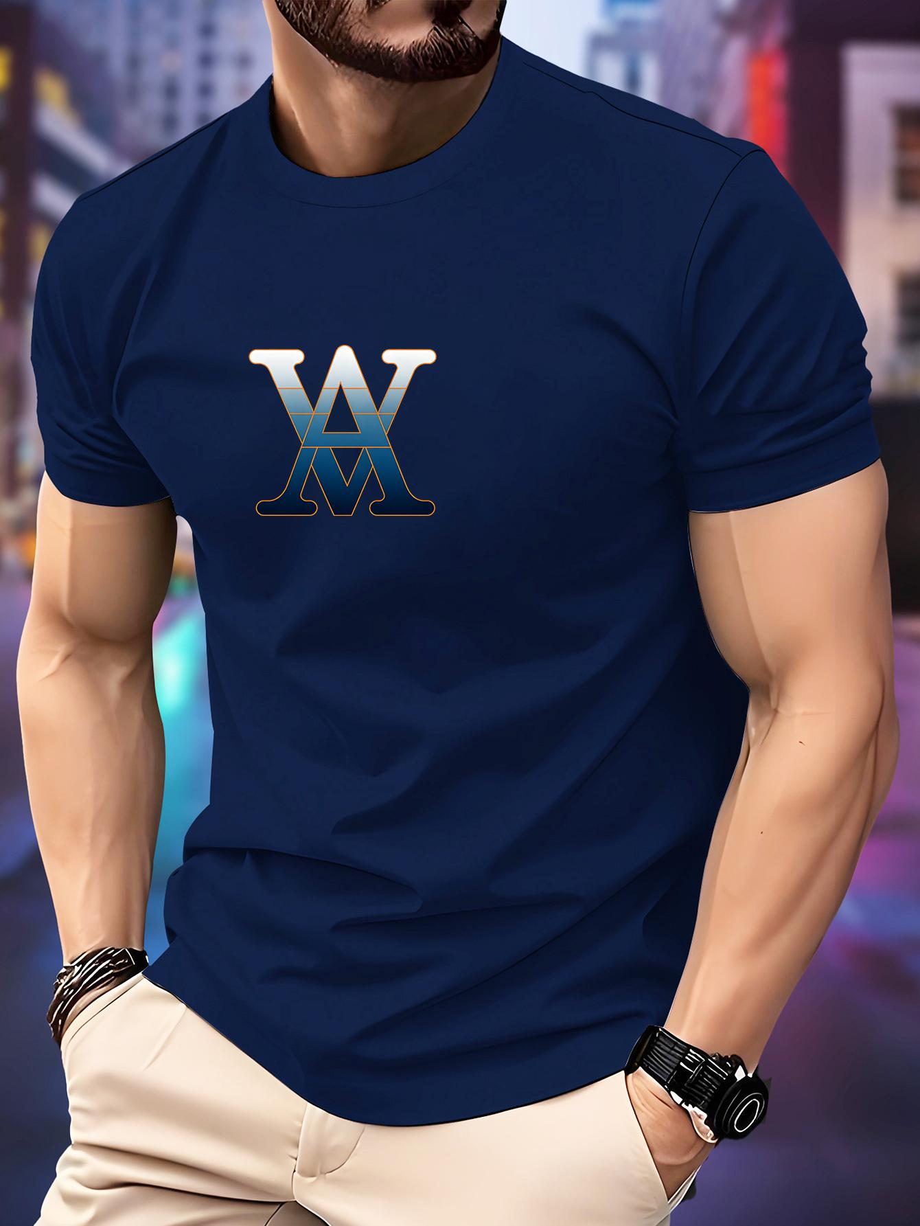 New Casual Letter Print Casual Short-Sleeved Men s Daily T-Shirt Solid Color Vintage Streetwear S темно-синий