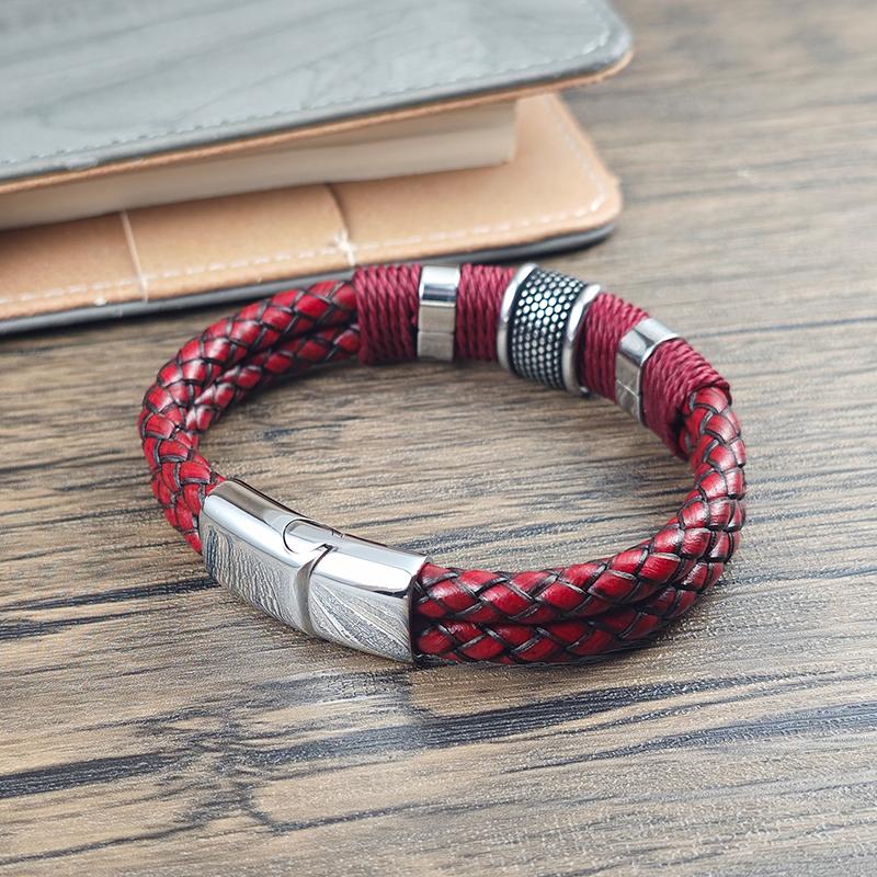 Men Bracelet High Quality Stainless Steel Red Braided Leather Wristband with Beads Magnetic Clasp Punk Jewelry Gift for Him