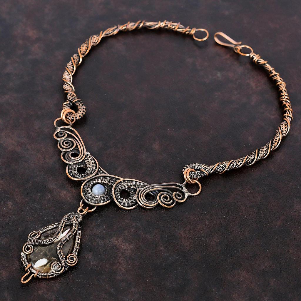 Peanut Wood Jasper Necklace Copper Wire Wrapped Jewelry Real Gemstone Necklace Handmade Copper Necklace Wire Wrap Rainbow Moonstone Necklace