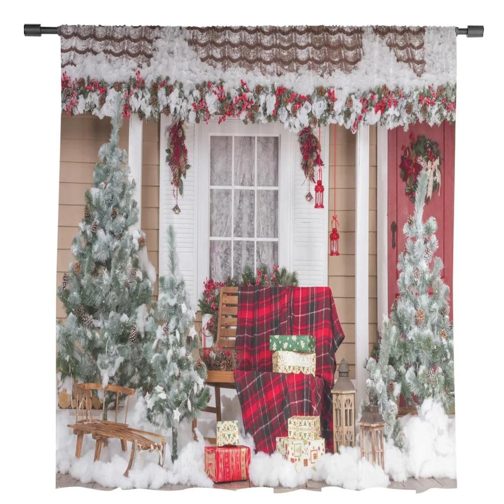 Christmas Tree House Sheer Curtains Living Room Window Tulle Curtains For Bedroom Kitchen Home Decoration Voile Drapes