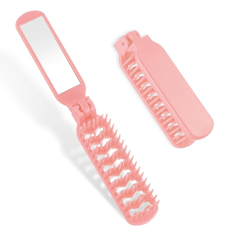 

Travel Mini Vented Hair Brush - Portable Folding Mirror Comb for Thick to Straight Wet/Dry Hair, Blow Drying & Detangling рожевий