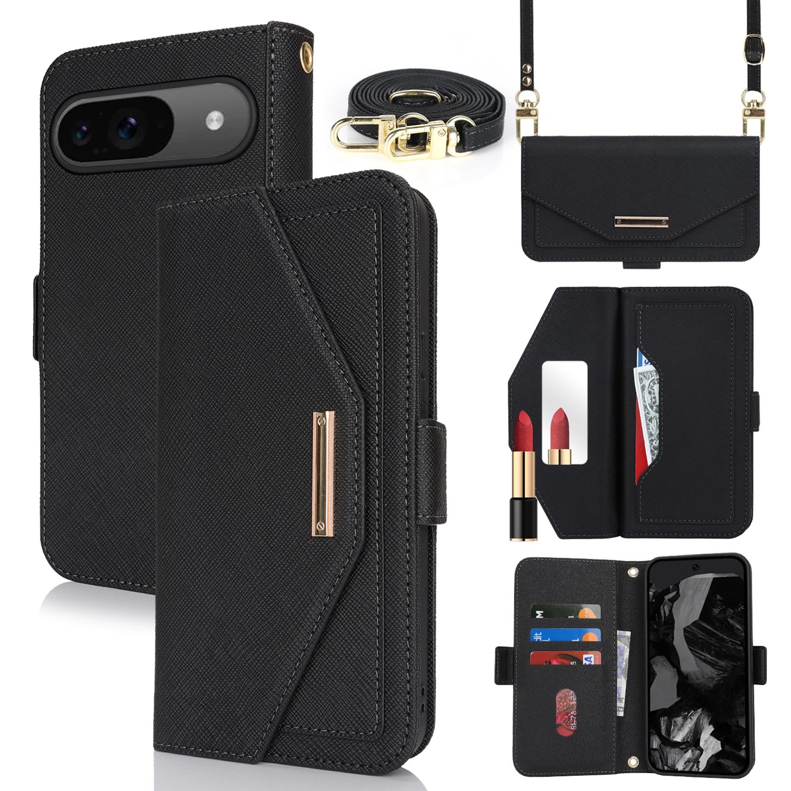 

For Google Pixel 9/9 Pro Stand Case Cross Texture PU Leather Wallet Phone Cover with Shoulder Strap/Makeup Mirror Black