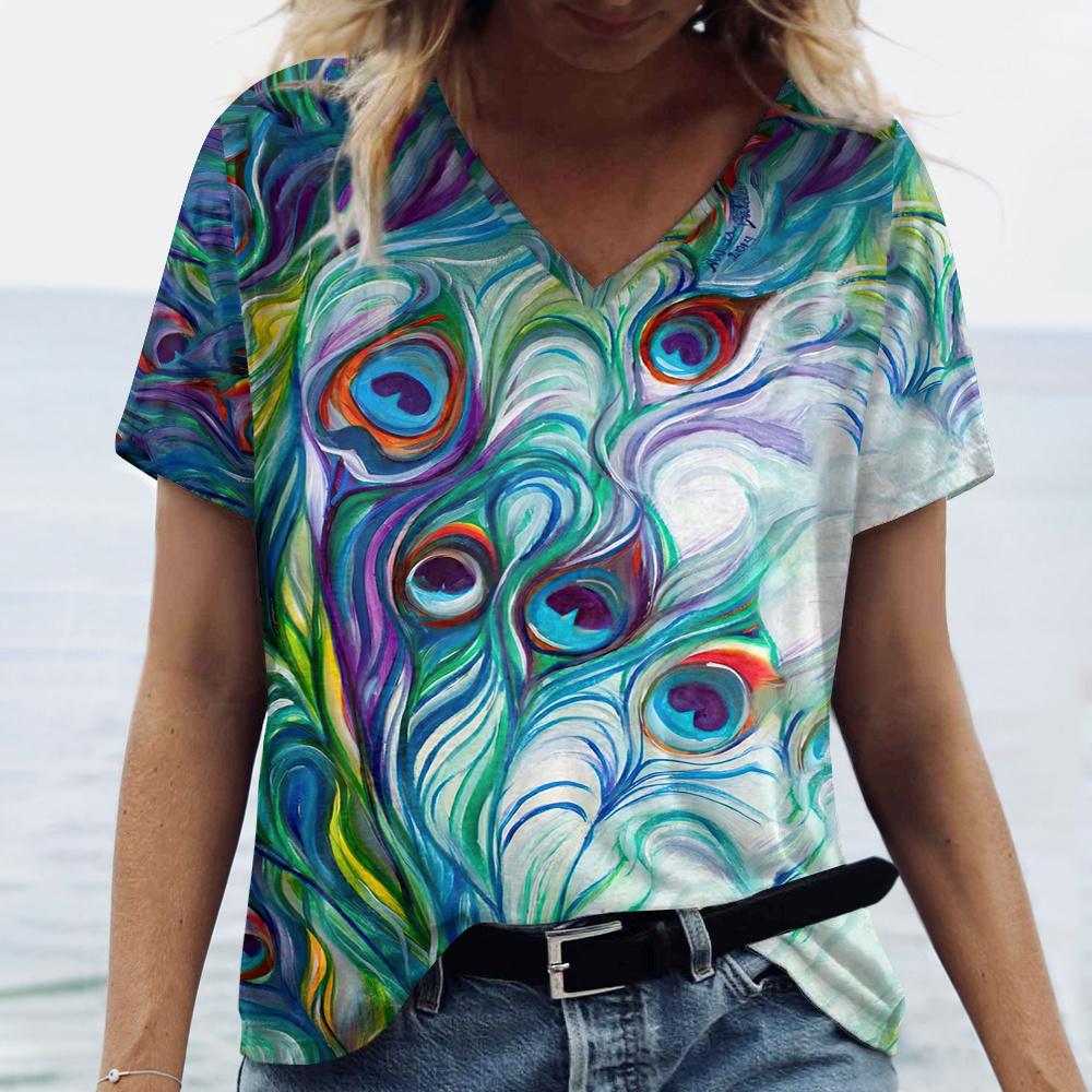 Новые яркие женские футболки с принтом павлиньего пера размера плюс — фото 6