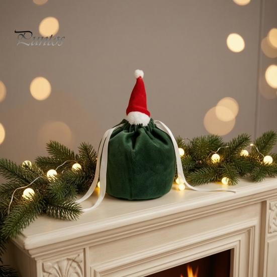 Velvet Christmas Gift Bags Drawstring with Santa Hat, Reusable Xmas Goodie Sacks, Festive for Friends Candy Apple Treat Pouch Eve Giving, Party Favors