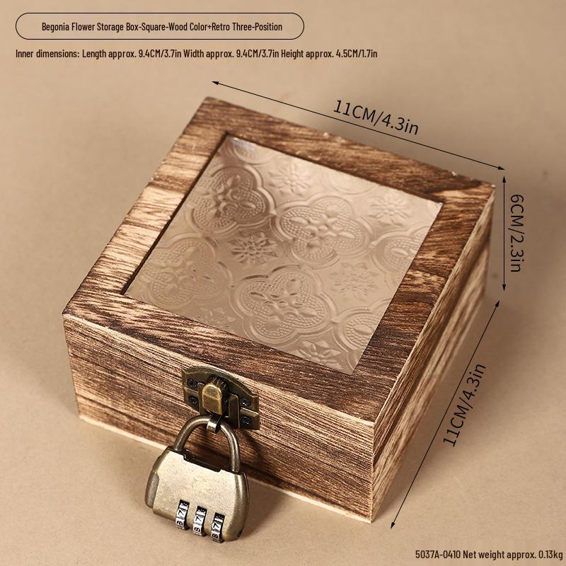Retro Begonia Glass Lid Wooden Storage Box for Cosmetics, Snacks, Candy, and Documents - Dustproof and Multifunctional