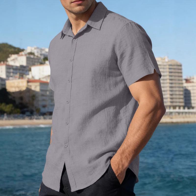 Men's Cardigan Button-down Short-sleeved Shirt Hawaiian Solid Color Lapel Casual Business Shirt