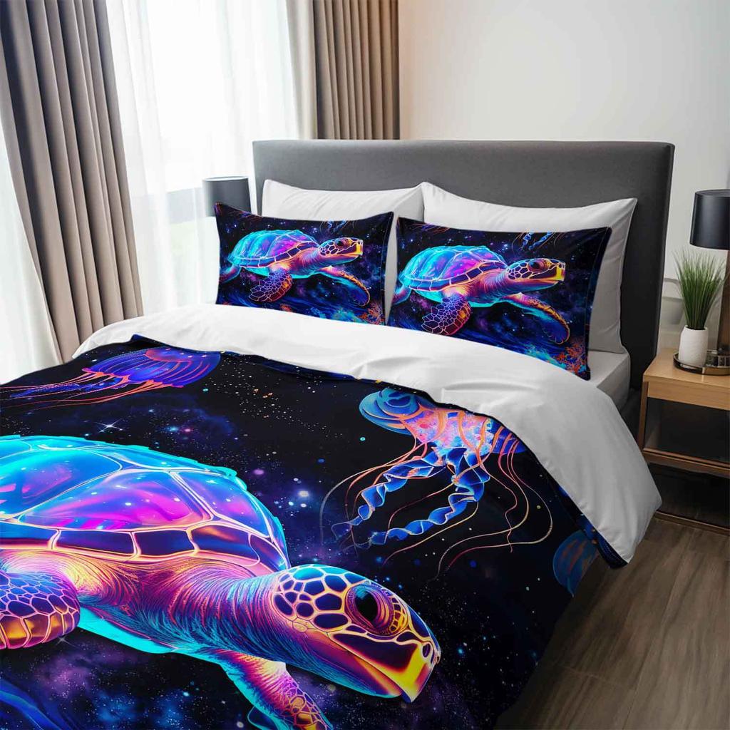 3 st Neonglödande Havssköldpadda Sängkläder Påslakan Set Havssköldpadda Sängkläder Täcke Set Undervattenstema Sängtäcke Set Kosmiskt Hav