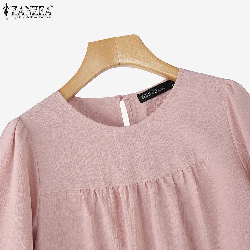 ZANZEA Dame Casual Rund Hals Løs 3/4 Erme Ensfarget Bluse