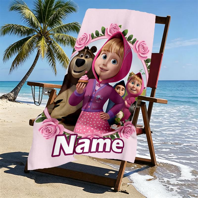 Asciugamano da Spiaggia Personalizzato con Nome Masha e Orso, per Viaggio Campeggio Festa in Spiaggia Decorazione Casa, Regalo di Compleanno per Famiglia e Amici