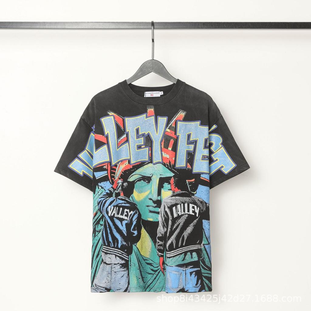 2025 Amerikanische trendige Marke Vall gewaschen alt bedrucktes kurzärmeliges Hip-Hop lockeres Streetwear-T-Shirt für Männer und Frauen