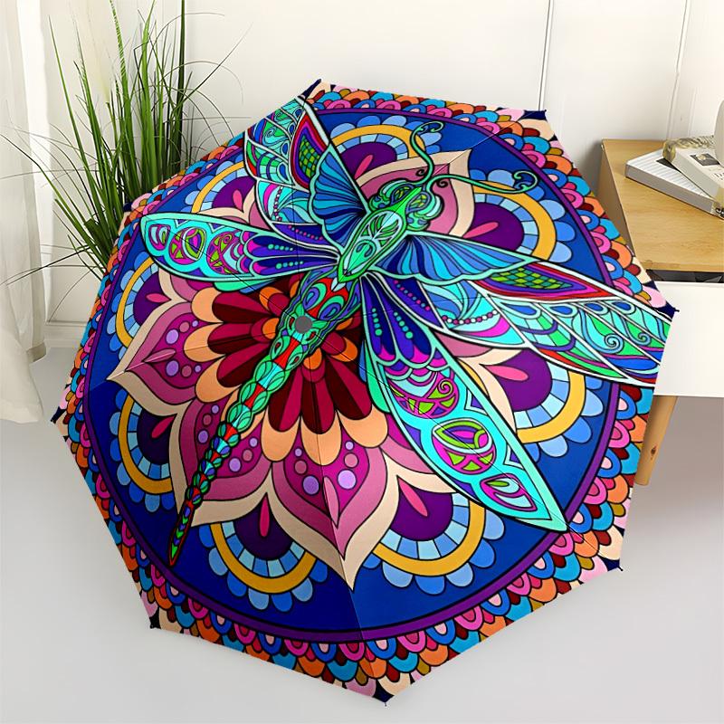1pc Dragonfly Mandala Artwork Automatic Umbrella Portable Home Essential Umbrella, Iron Umbrella Structure Suitable for All Seasons yy251123104