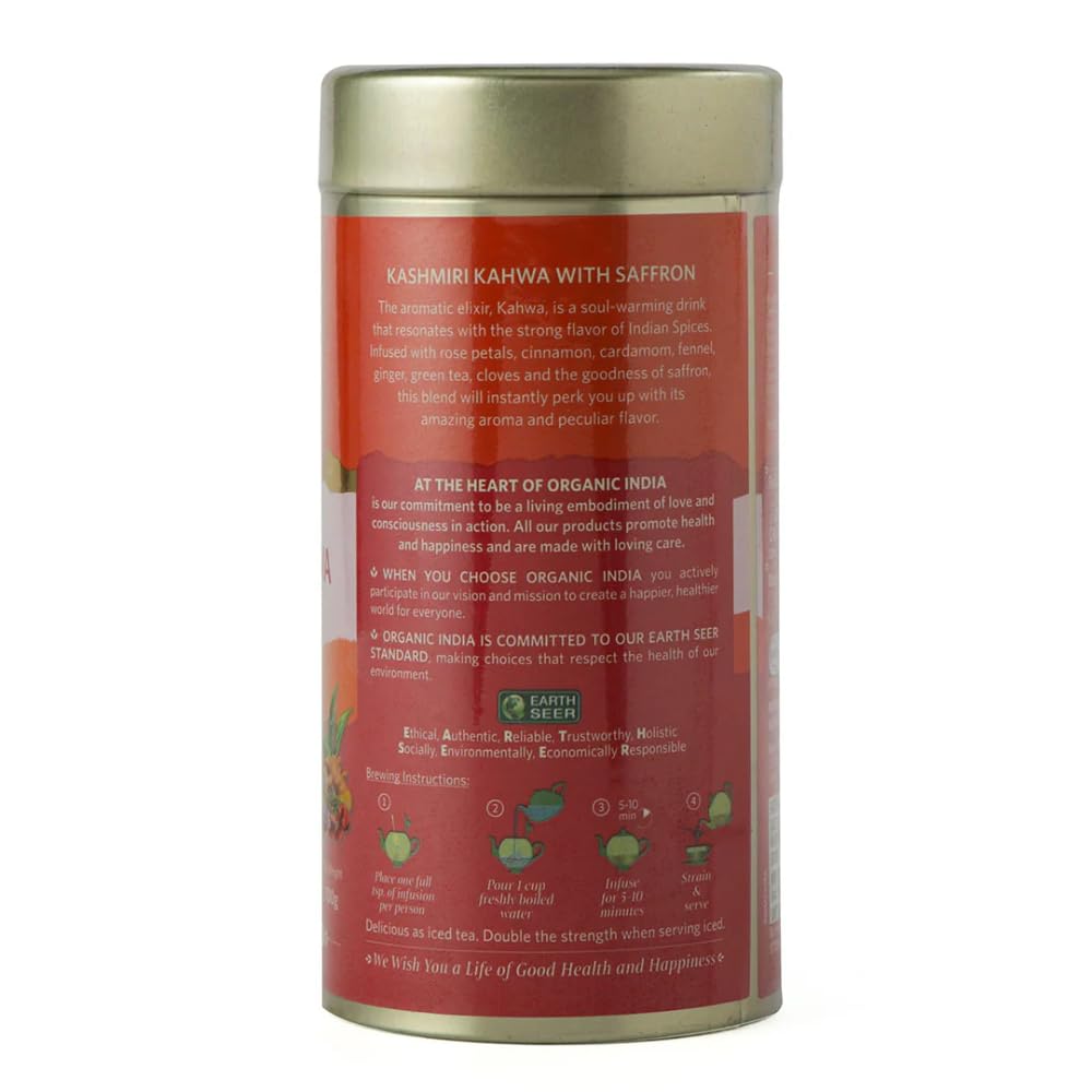 ORGANIC INDIA Kashmiri Kahwa Tea with Saffron 100 Gm Tin – Aromatic Indian Herbal Green Tea Blend for Relaxation