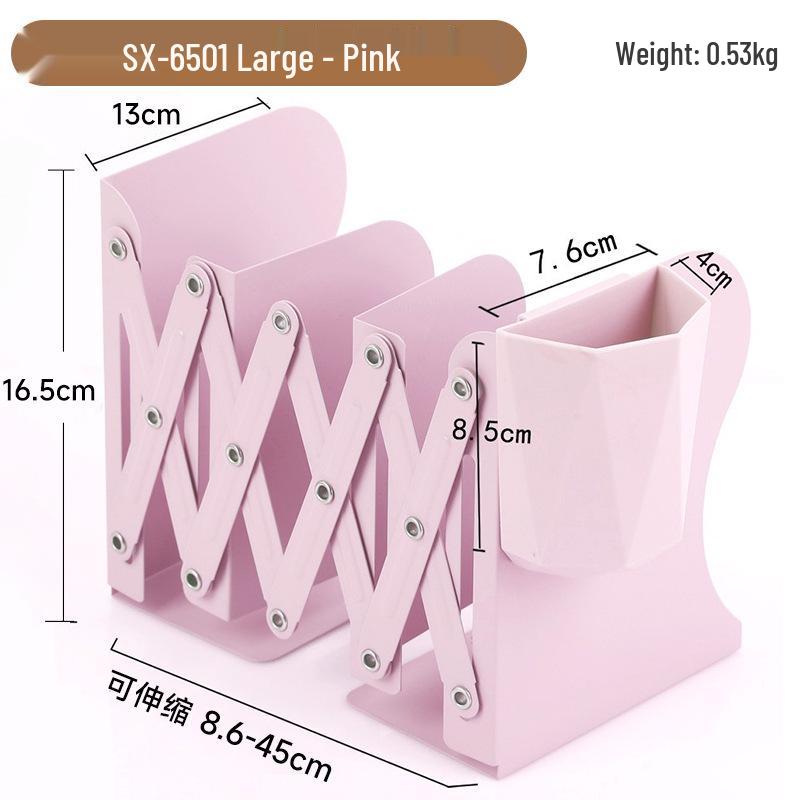 Metal Foldable Book Stand & Pen Holder: Large Desktop Bookend Storage Rack