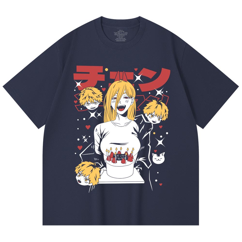230 Gsm 100% Cotton Chainsaw Man V48 Power Cake Print Unisex Heavy Cotton T Shirt