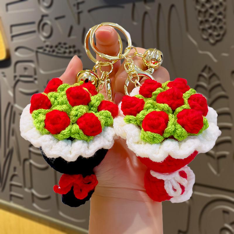 8PCS Handheld Flower Keychain Pendant Knitted Hook Weaving Pendant Rose Creative Keycain Bag Pendant Toy Graduation Gift
