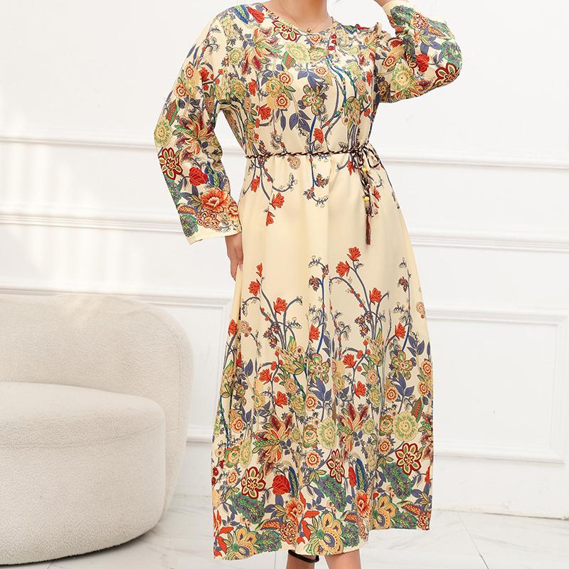 Rundhalskleid, langärmelig, hohe Taille, Kleid für Damen, bedrucktes Kleid, Übergröße, Büro-Maxikleider, elegante Robe, übergroßes Kleid, Bindekleid