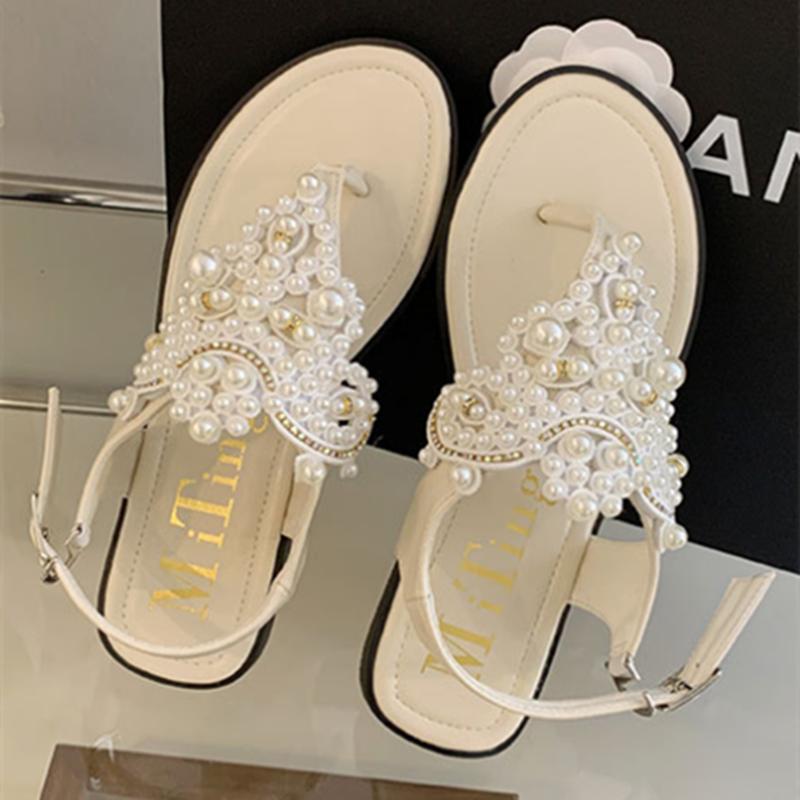 Fashion Luxury String Bead Buckle Design Flat Slippers Women Sexy Clip Toe Back Strap Flip Flops Comfort Soft Bottom Brand Beach Sandals