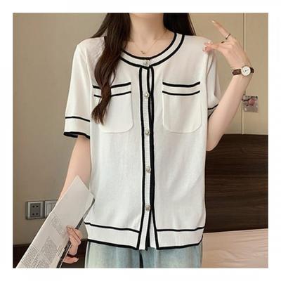 Navava Nk2155 Round Neck Short Sleeve Color Block Knit Cardigan
