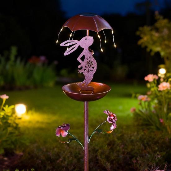 Bird Feeder with Solar Light Outdoor Decorative Garden Decor Wrought Iron Rabbit Holding Umbrella Anti-Rust Bird Feeder Stake for Yard Lawn Patio