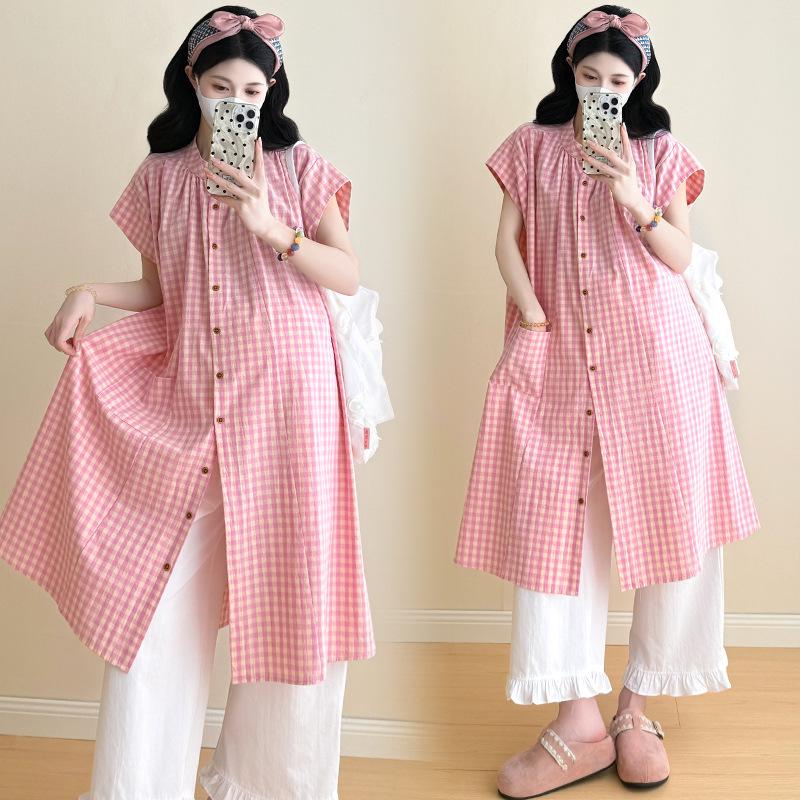2026 Stylish Summer Pink Plaid Ruffle Two-Piece Set with Wide-Leg Pants