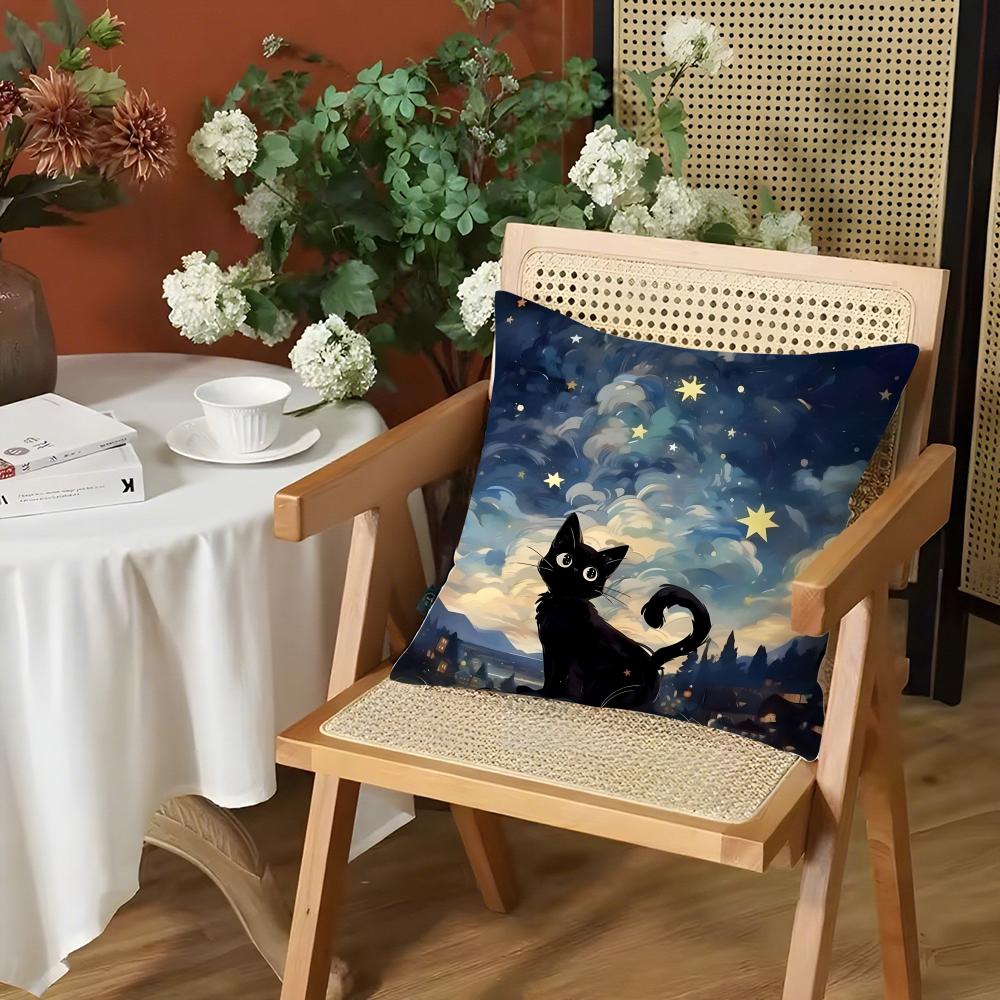 Art Sky Night Cat Cushion Cover Silky Short Plush Invisible Zipper Dustproof Sofa Pillow Case for Home Decor