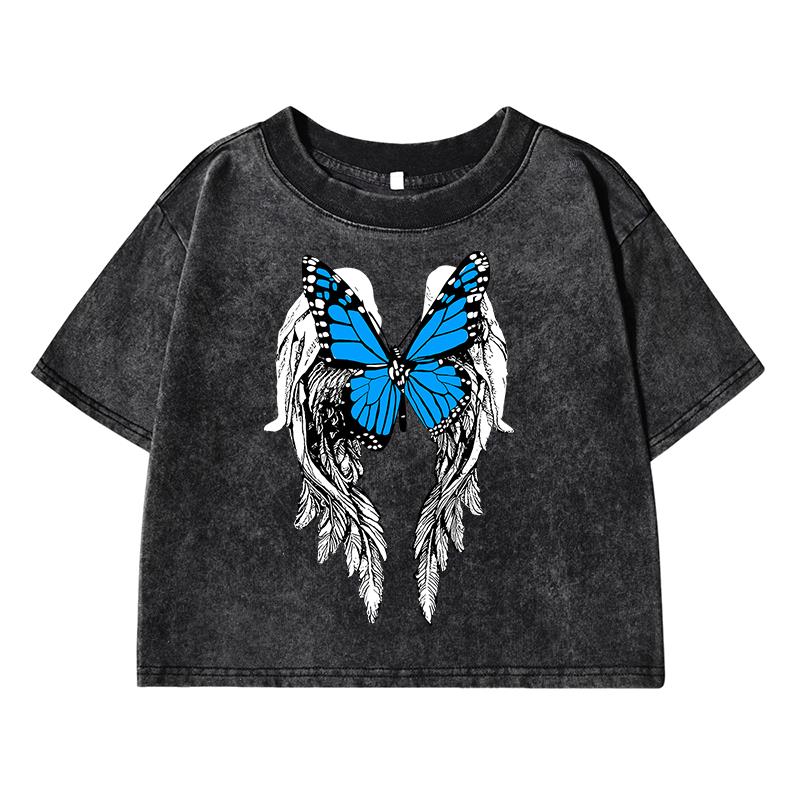 Butterfly Wings Printing Female Washed Short T Shirt Summer Casual Tshirt Street Top Fashion Midriff-Baring Distress Tee