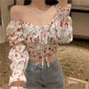 Sweet and Spicy Floral Versatile Shirt for Women Autumn New High Waist Navel Short Top French Niche Long Sleeve Shirt