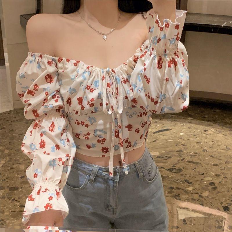 Sweet and Spicy Floral Versatile Shirt for Women Autumn New High Waist Navel Short Top French Niche Long Sleeve Shirt