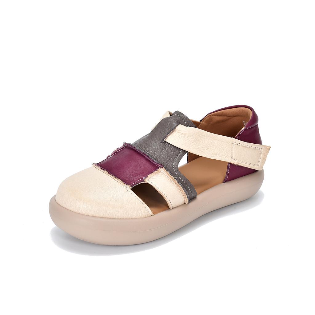 Johnature Genuine Leather Mixed Colors Hollow-out Sandals Casual Round Toe Thick Soled Women's Shoes