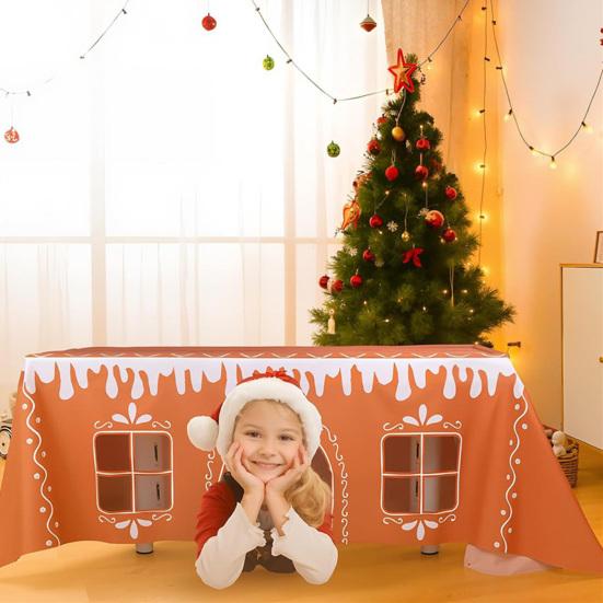 Gingerbread House Christmas Tablecloth Reusable Rectangle Table Cover with Playful Cut-Out Windows Holiday Playhouse Table Tent