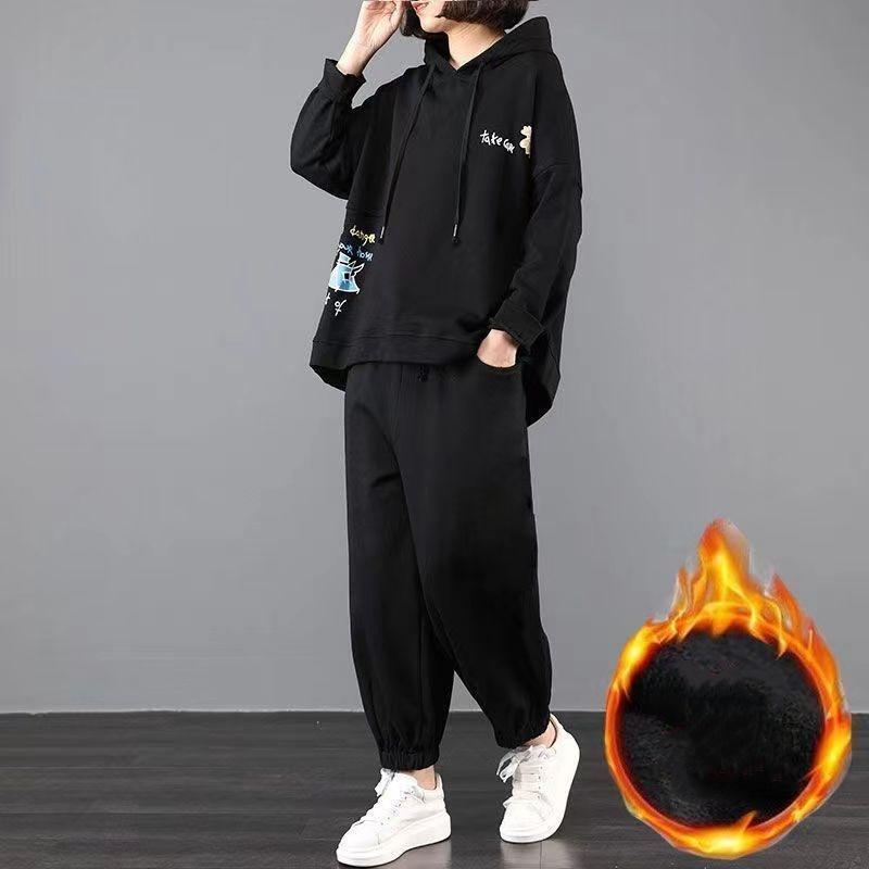 Plus Size Women's Autumn and Winter Plus Velvet Thickened Casual Sports Suit Women's Loose Two-piece Meat-covering Suit