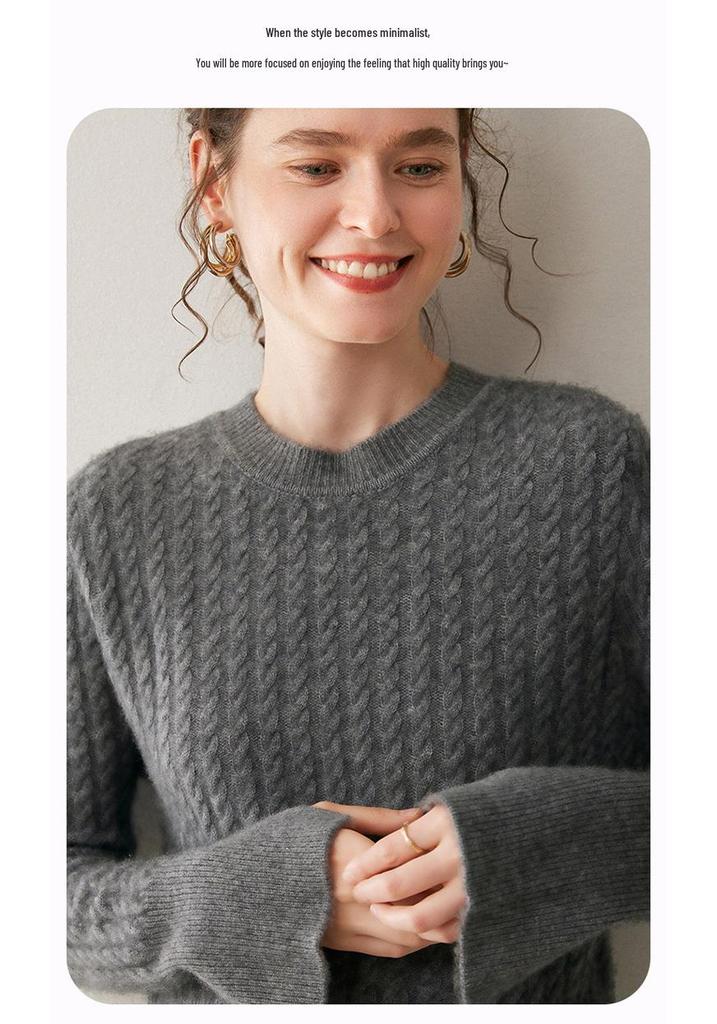 Women's Cashmere Round Neck Cable Knit Sweater - Thick, Loose Cuffs, Slit Design