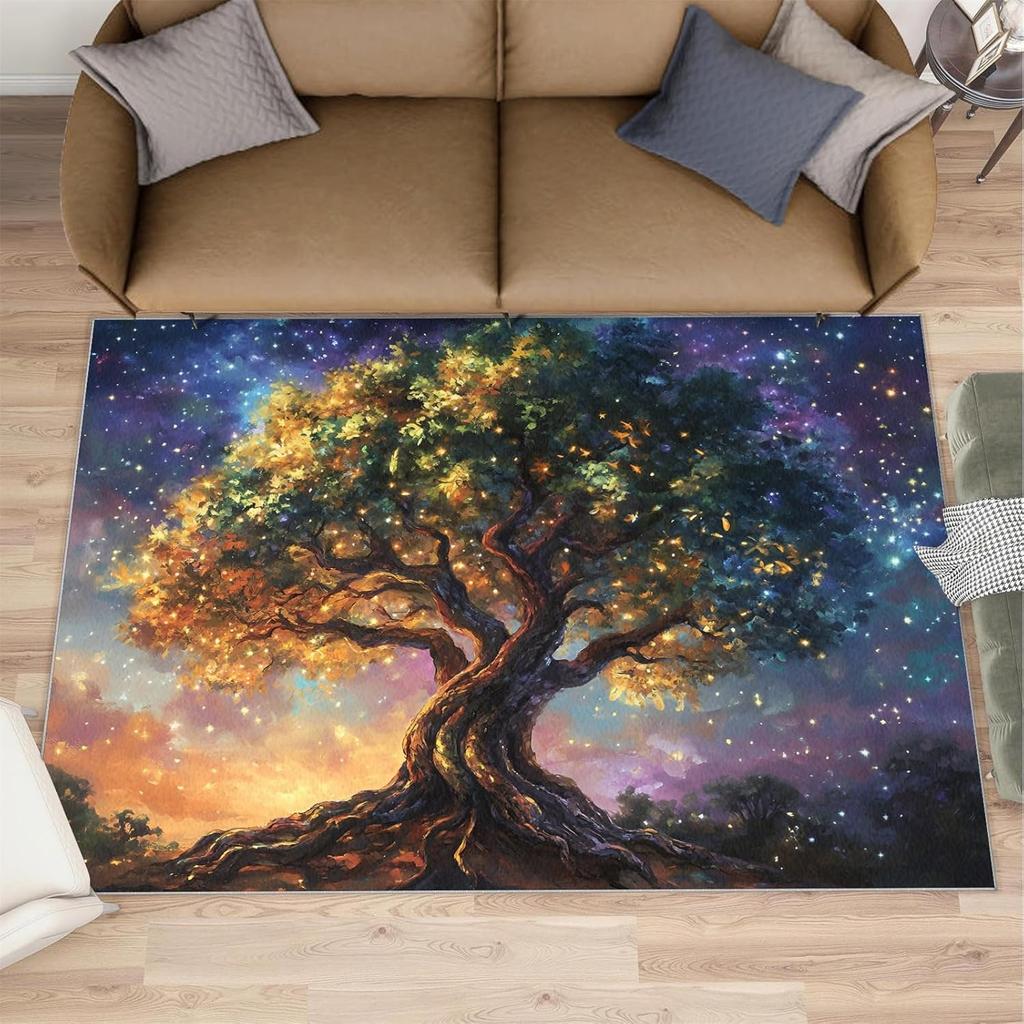 Oil Painting Style Tree Print Carpet Dreamy Colorful Leaves Art Absorbent Non-Slip Floor Mat Living Room Bedroom Home Decor Rug