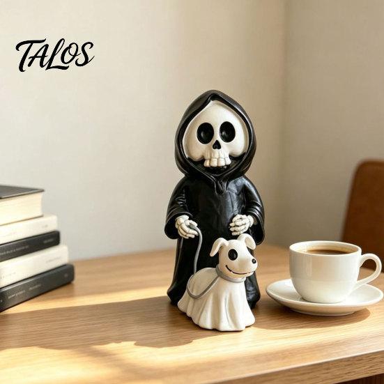 3D Carved Skeleton Decoration Grim Reaper & Ghostly Puppy Resin Figurine, Black Robed with Cute Dark Healing Halloween Figure Ghost Dog Statue, Gothic