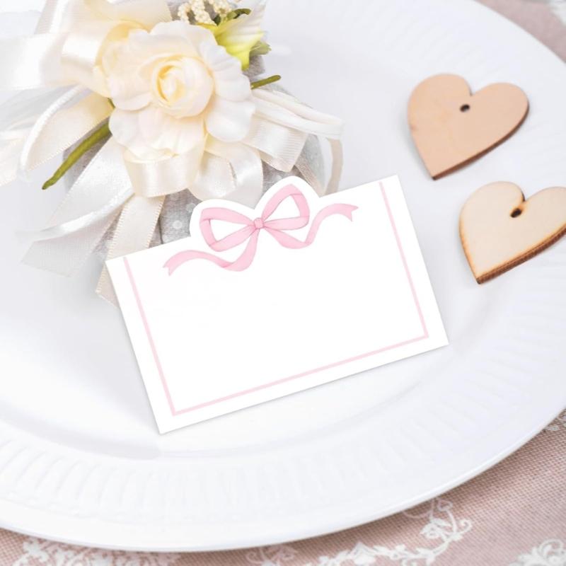 Lot de 100 Cartes de Table Nœud Rose Cartes de Placement Étiquettes vierges d'attribution de place pour Mariages et Réunions Sociales
