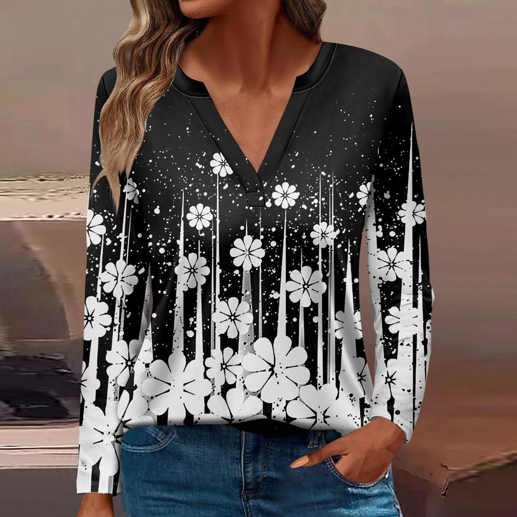 Dámské tričko tričko s potiskem knoflíky dlouhý rukáv denní víkendová móda základní véčkový výstřih běžný top