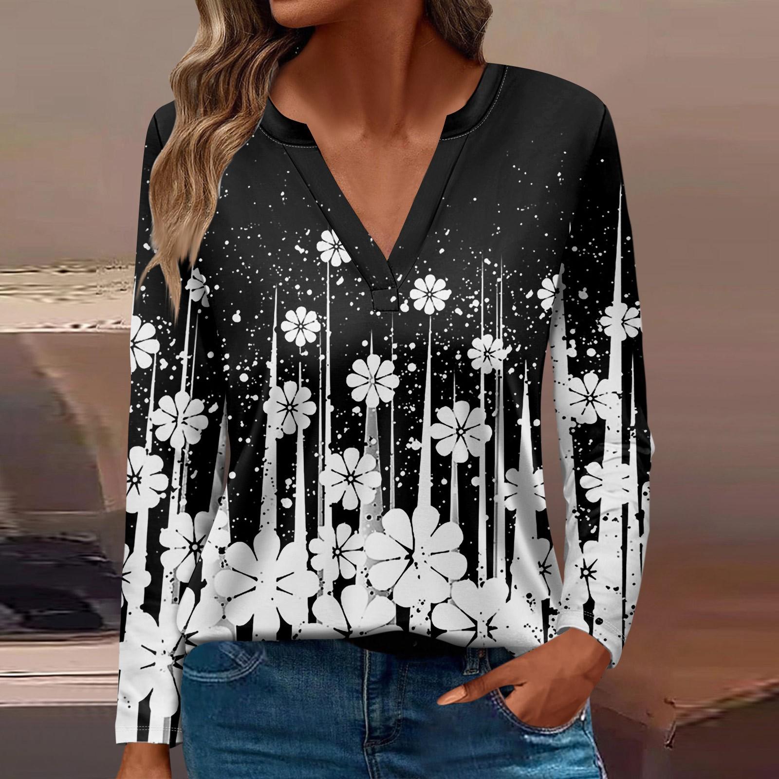 

Жен. Футболка Футболка С принтом Пуговицы Длинный рукав Повседневные Выходные Мода Классический V-образный вырез Обычный Топ M чёрный