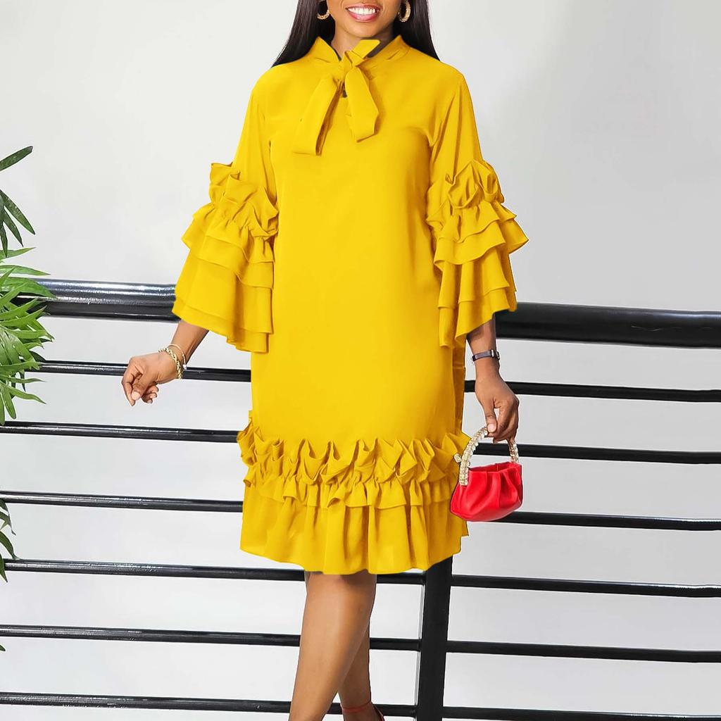 Elegant Office Dresses Women Bow Collar Ruffles Sleeve Straight Mid Calf Fashion Formal Female Business Work Wear Dress Midi Hot
