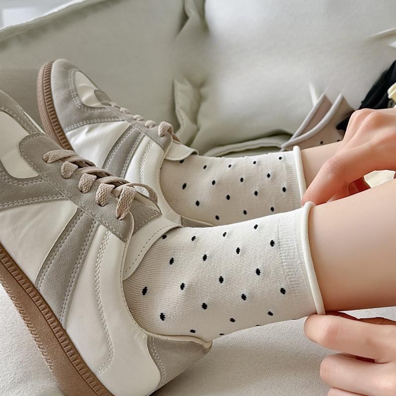 4 Pairs of Mid-calf Polka Dot Rolled Summer Cotton Socks, Sweat-absorbing, Odor-proof, Versatile and Simple Student Thigh-high Socks